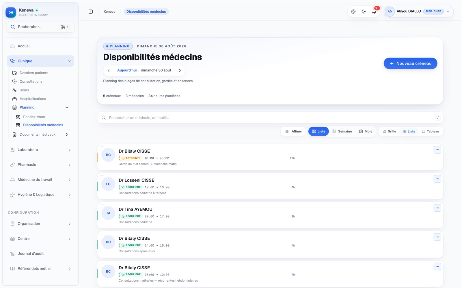 Capture de l'écran Disponibilités médecins de Keneya
