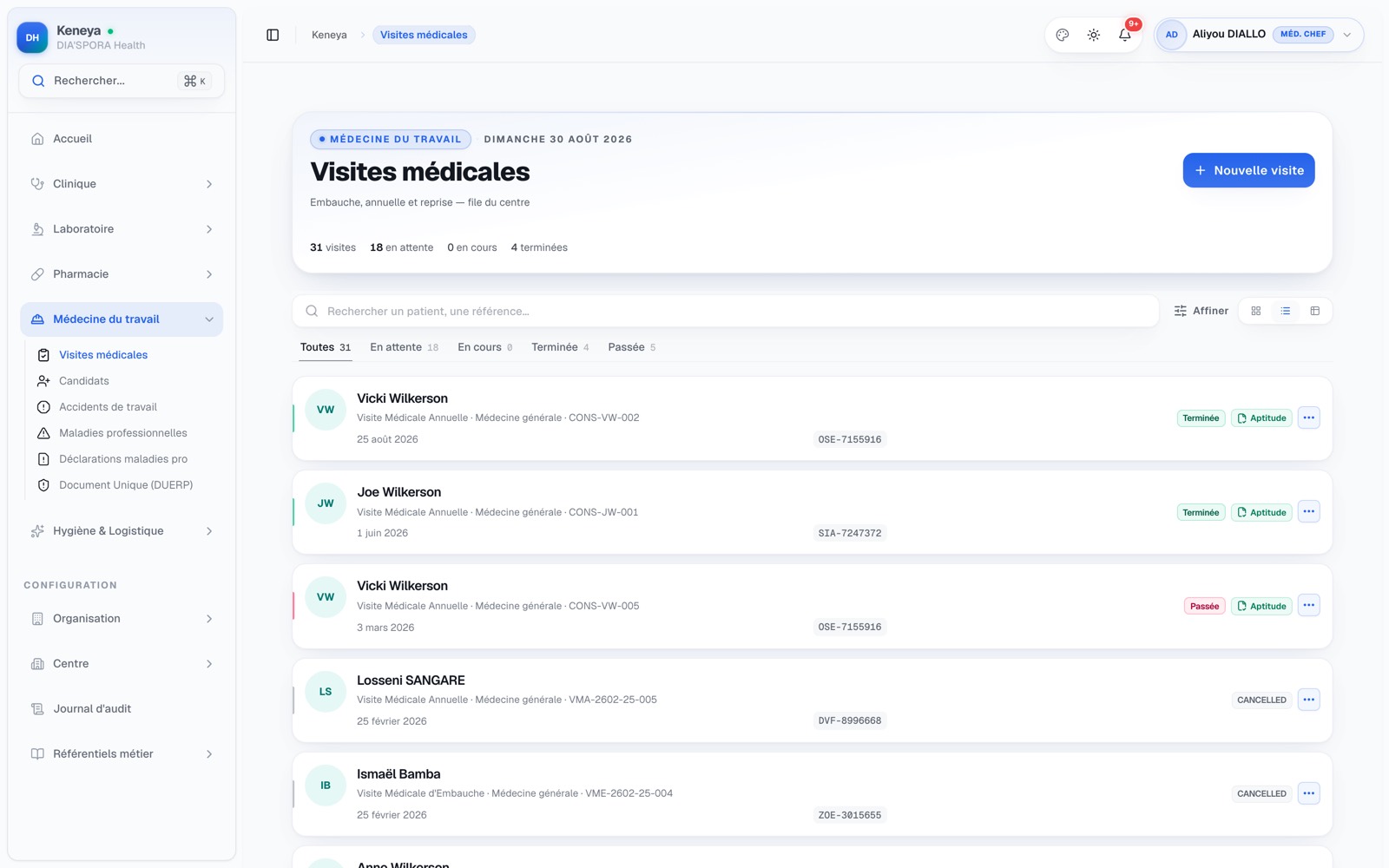 Capture de l'écran Médecine du travail de Keneya