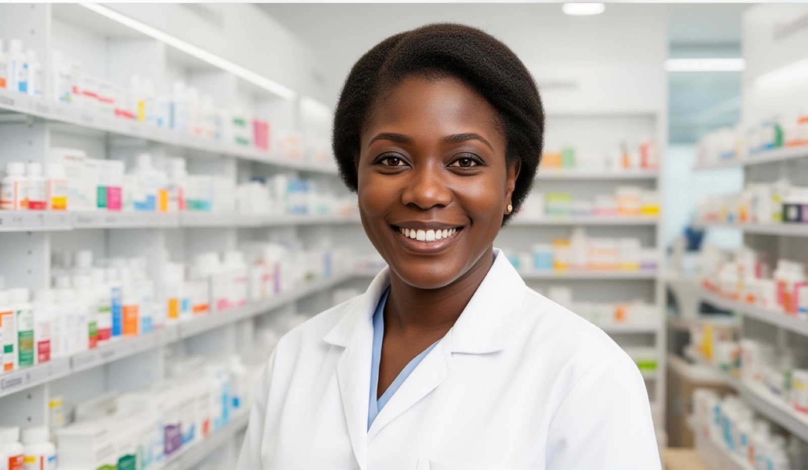 Pharmacienne souriante dans la pharmacie d'un centre de santé